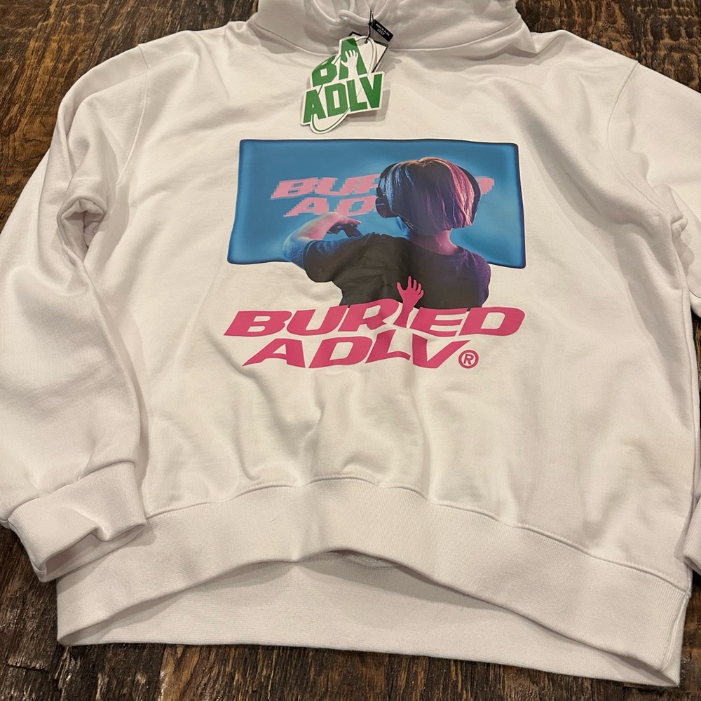 ADLV Buried Alive Men's White Graphic Hoodie with Pink & Blue Print size 1 (s/m)